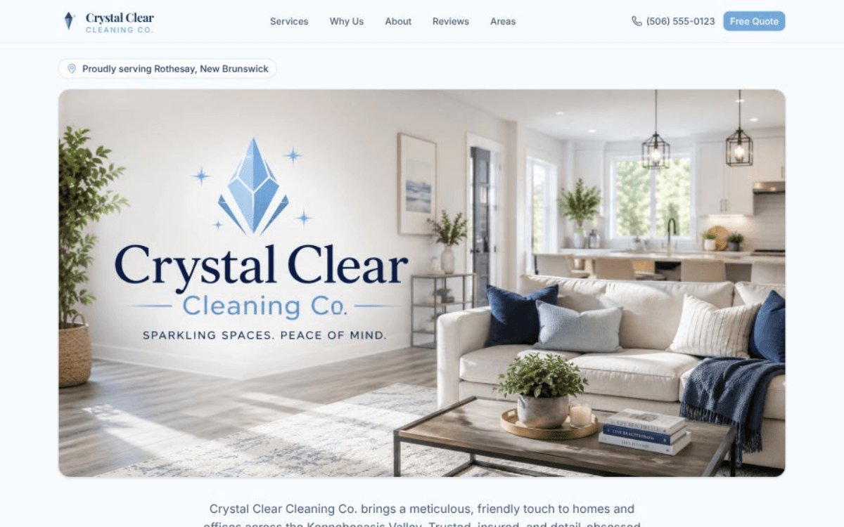 Crystal Clear Cleaning Co. website, residential and commercial cleaning