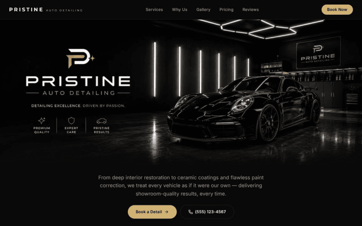 Pristine Auto Detailing website — mobile car detailing services