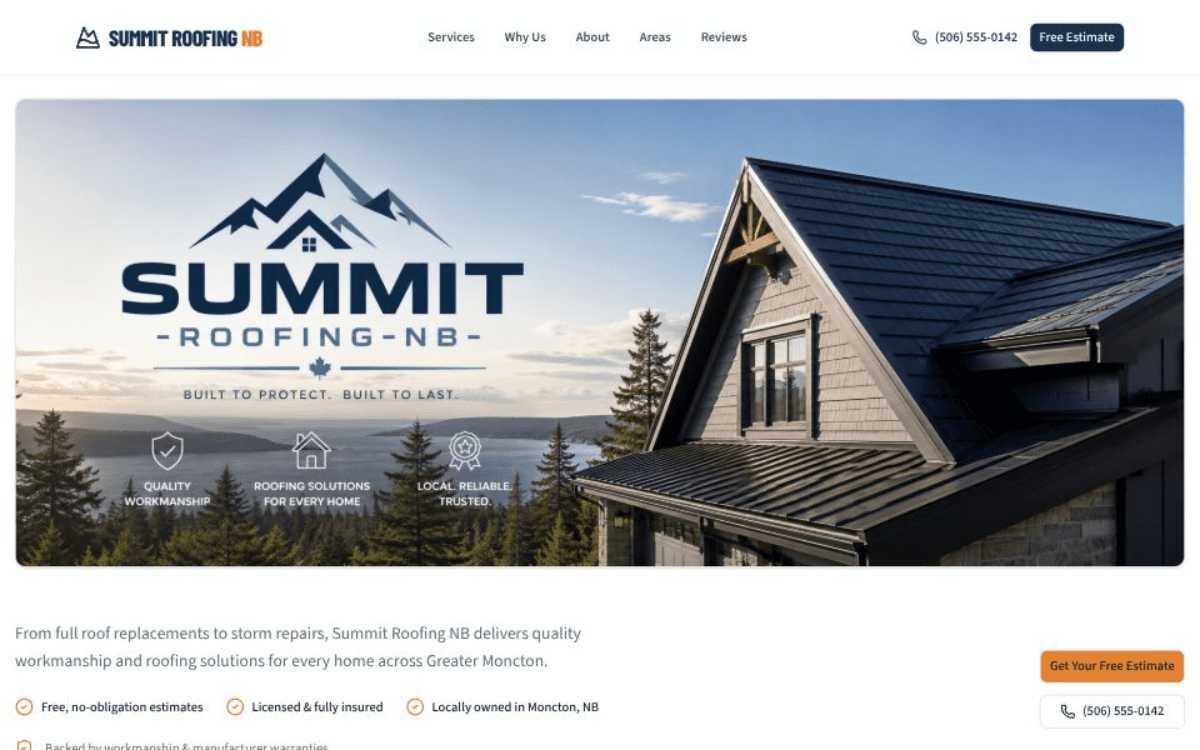 Summit Roofing NB website, roofing contractor services